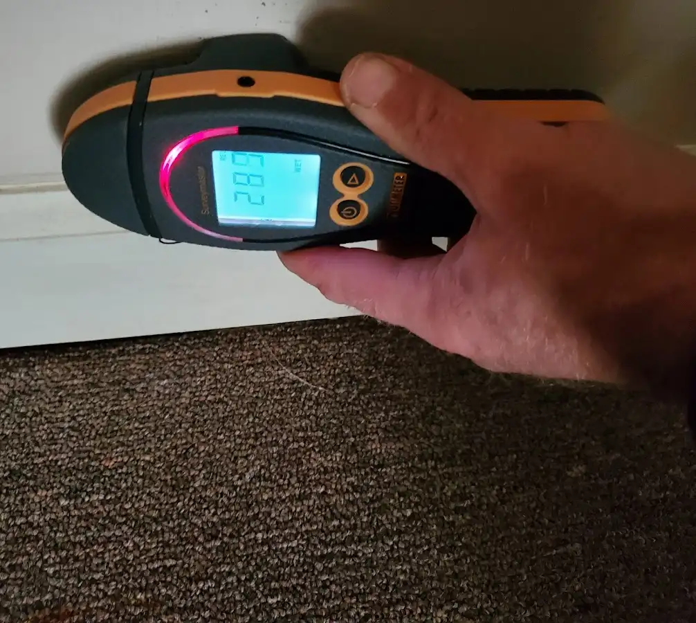 Moisture detection at baseboard during Storm Damage Restoration in Taylorville